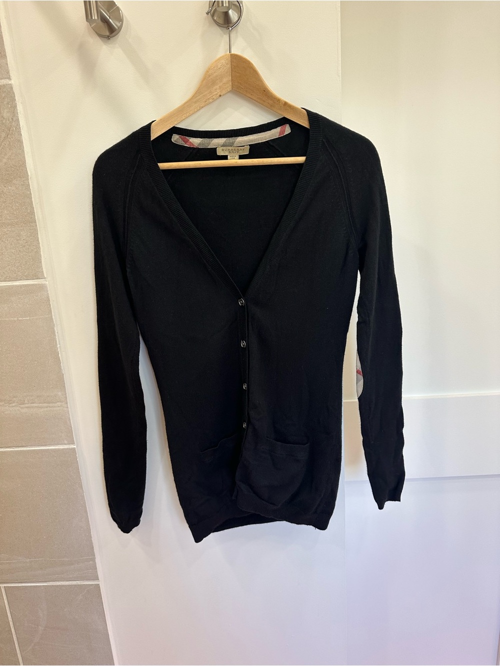 Burberry Brit Black Cotton Cashmere Cardigan w/ Check Elbow Patches Size S - Picture 2 of 8